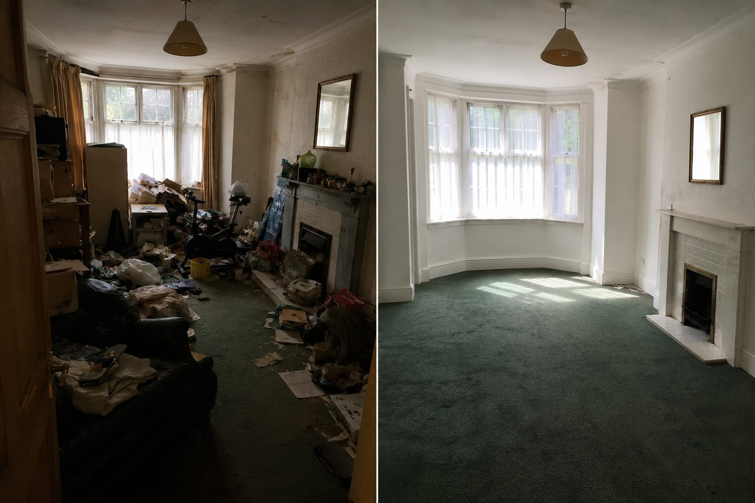 The same living room after clearance — empty, clean and ready for sale